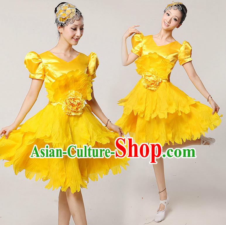 Chinese Stage Dance Costumes Ribbon Dancing Costume Dancewear China Dress Dance Wear and Hair Accessories Complete Set