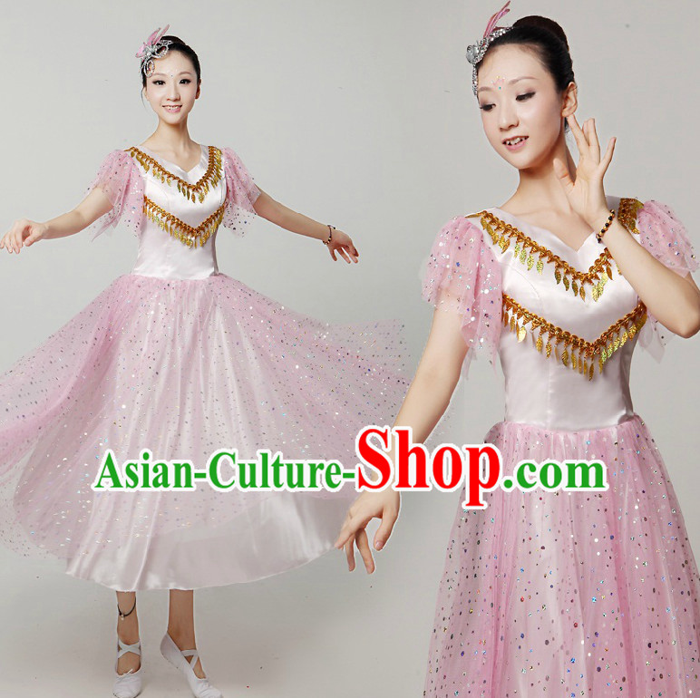 Asian Dance Costumes Ribbon Dancing Costume Dancewear China Dress Dance Wear and Headwear Complete Set