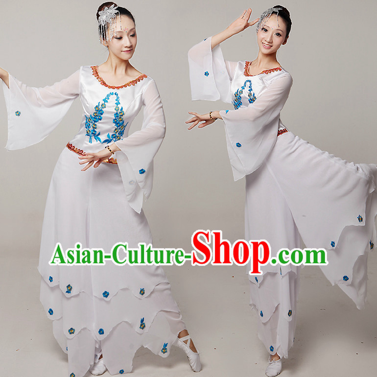 Chinese Stage Dance Costumes Ribbon Dancing Costume Dancewear China Dress Dance Wear and Hair Accessories Complete Set