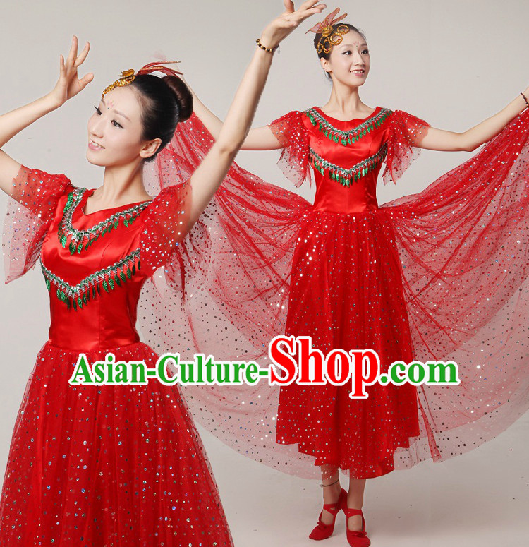 Asian Dance Costumes Ribbon Dancing Costume Dancewear China Dress Dance Wear and Headwear Complete Set