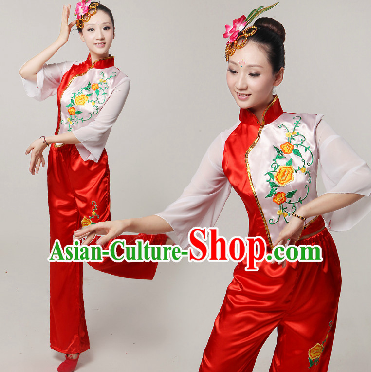 Asia Dance Costumes Ribbon Dancing Costume Dancewear China Dress Dance Wear and Headwear Complete Set