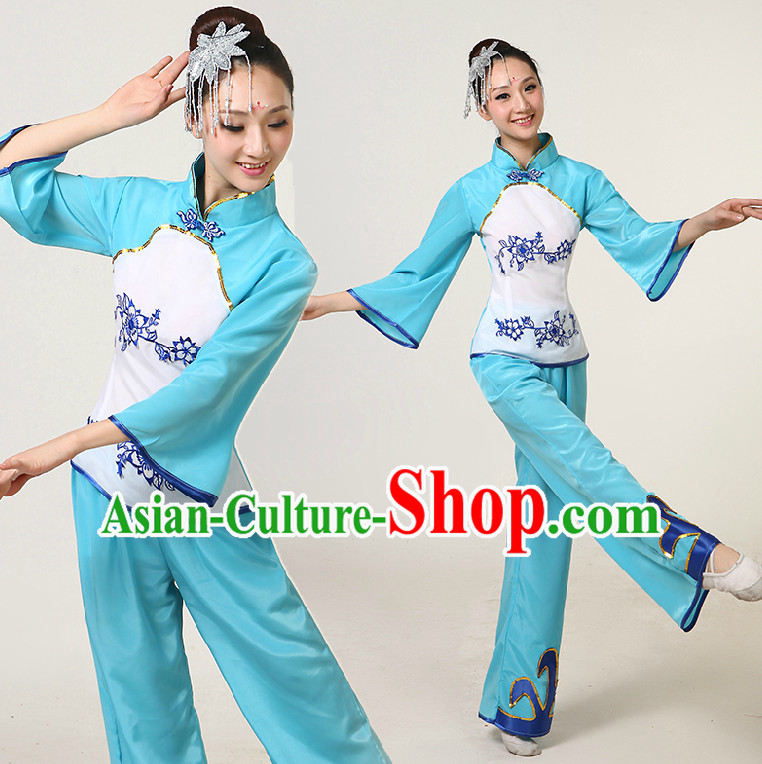 Asia Dance Costumes Ribbon Dancing Costume Dancewear China Dress Dance Wear and Headpieces Complete Set