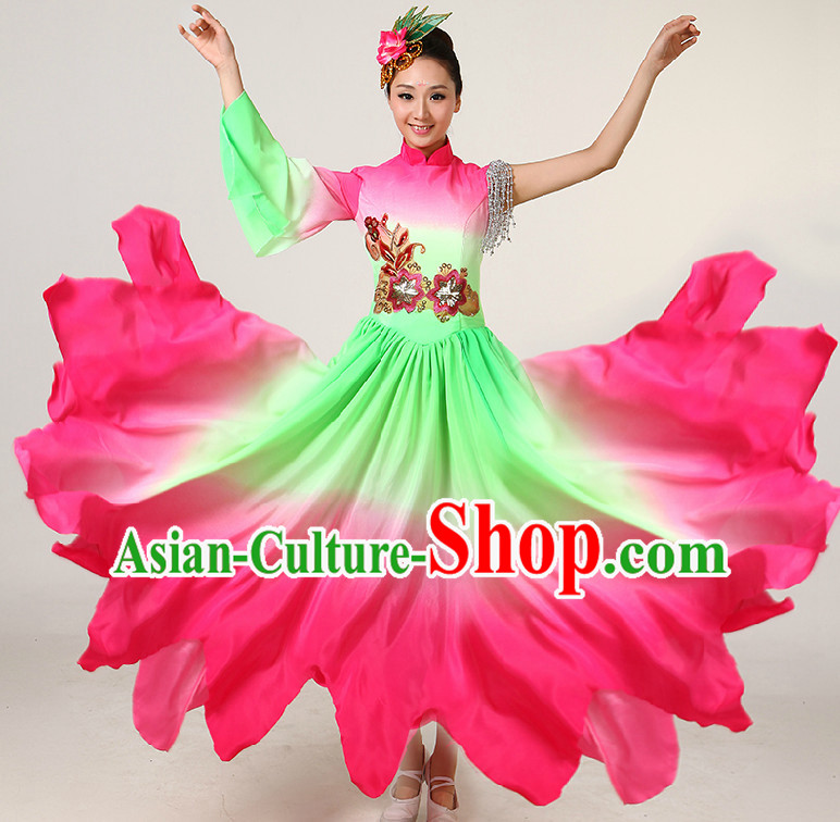 Color Transition Chinese Dance Costumes Competition Costumes Dancewear China Dress Dance Wear and Headpieces Complete Set