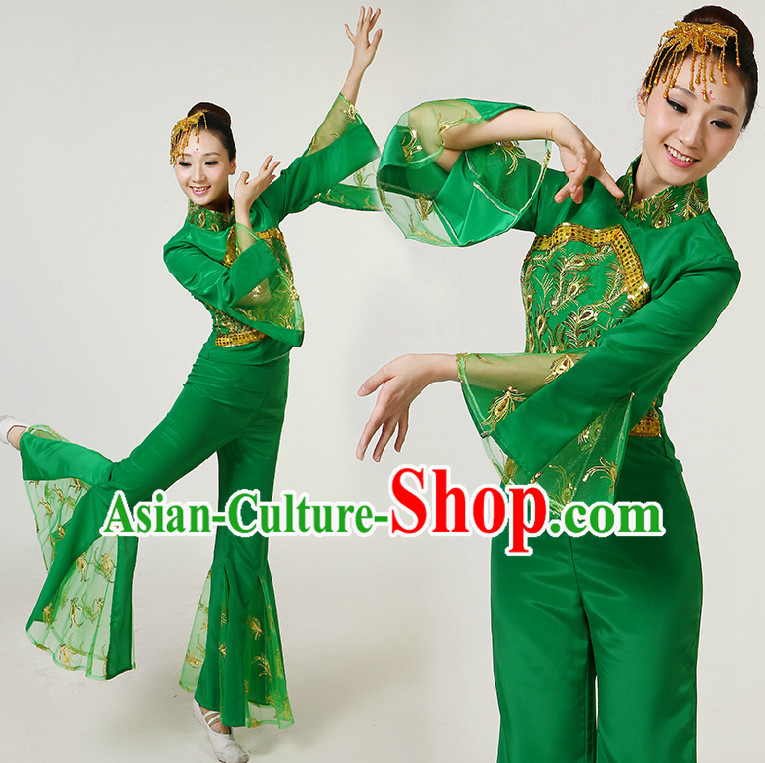 Chinese Dance Costumes Competition Costumes Dancewear China Dress Dance Wear and Headpieces Complete Set