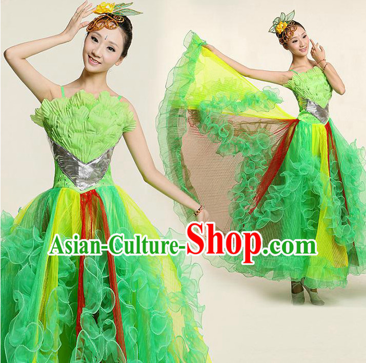 Chinese Dance Costume Competition Costumes Dancewear China Dress Dance Wear and Headpieces Complete Set