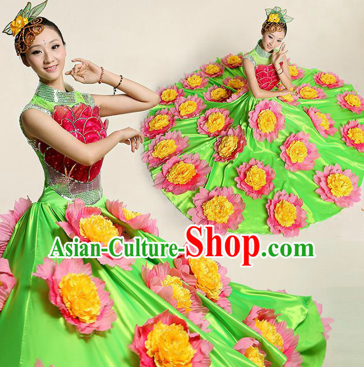 Chinese Flower Dance Costume Competition Costumes Dancewear China Dress Dance Wear and Headpieces Complete Set