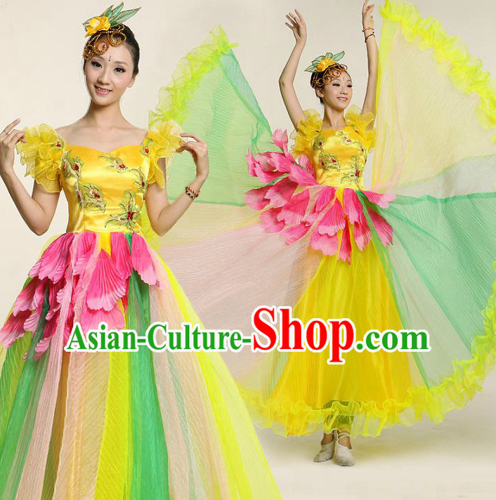 Chinese Flower Dance Costume Competition Costumes Dancewear China Dress Dance Wear and Headpieces Complete Set