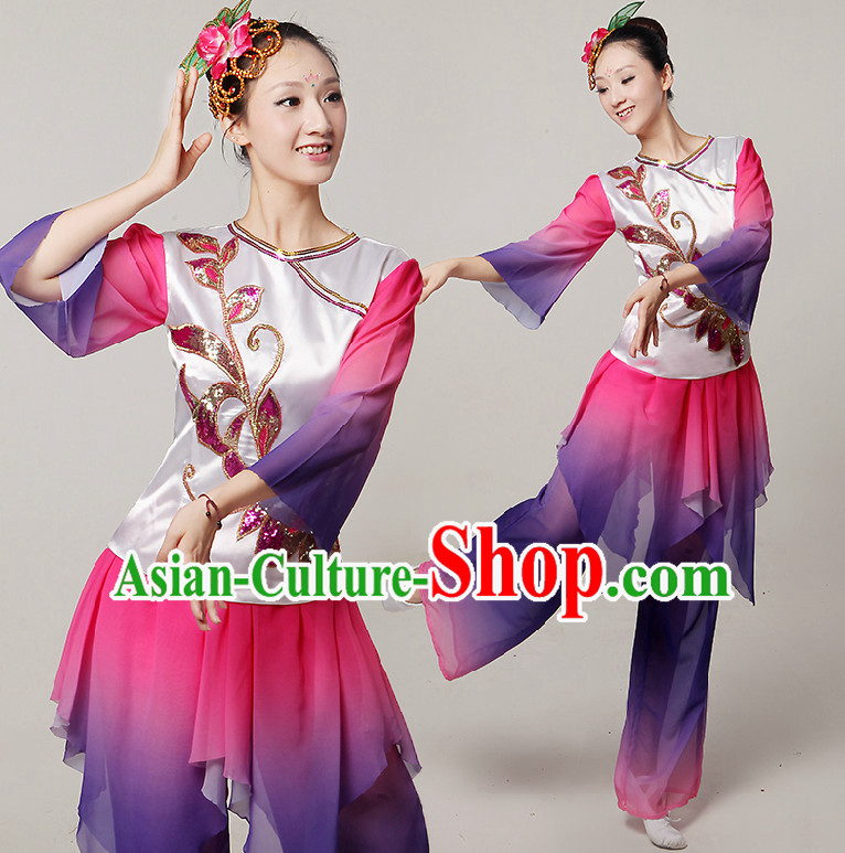 Chinese Stage Dance Costumes Ribbon Dancing Costume Dancewear China Dress Dance Wear and Hair Accessories Complete Set