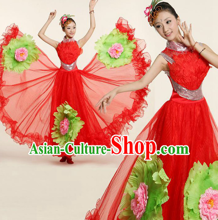 Chinese Flower Dance Costume Competition Costumes Dancewear China Dress Dance Wear and Headpieces Complete Set