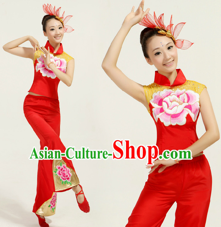 Asian Dance Costume Competition Costumes Dancewear China Dress Dance Wear and Headpieces Complete Set