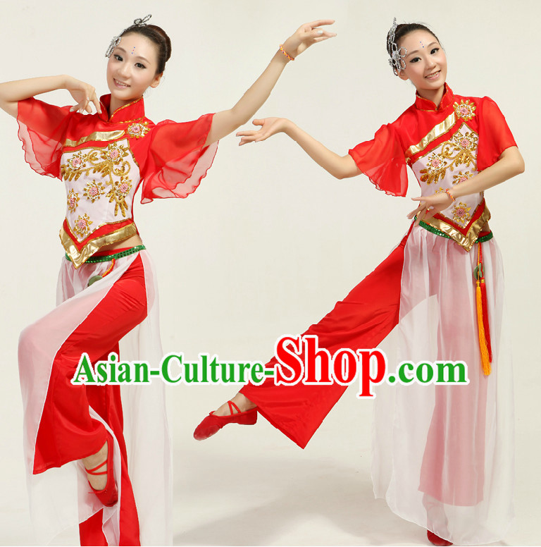 Asian Dance Costume Competition Costumes Dancewear China Dress Dance Wear and Headpieces Complete Set