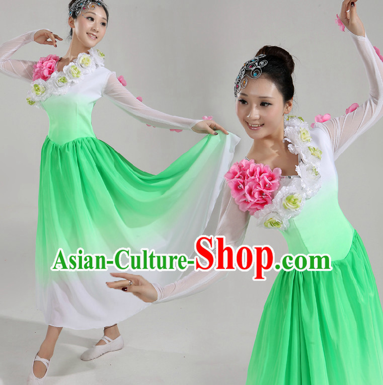 Asian Dance Costume Competition Costumes Dancewear China Dress Dance Wear and Headpieces Complete Set