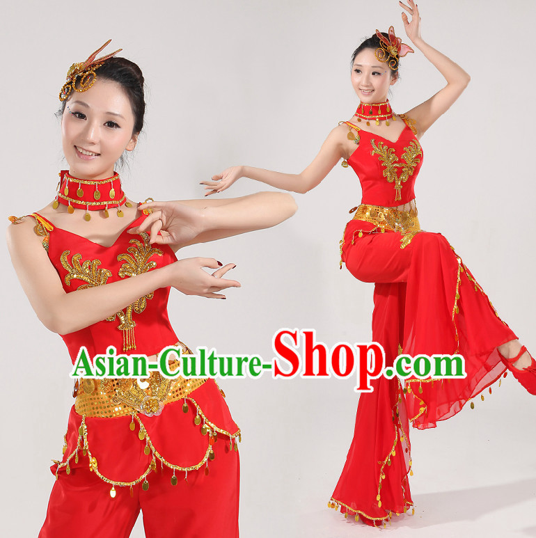 Asian Dance Costume Competition Costumes Dancewear China Dress Dance Wear and Headpieces Complete Set