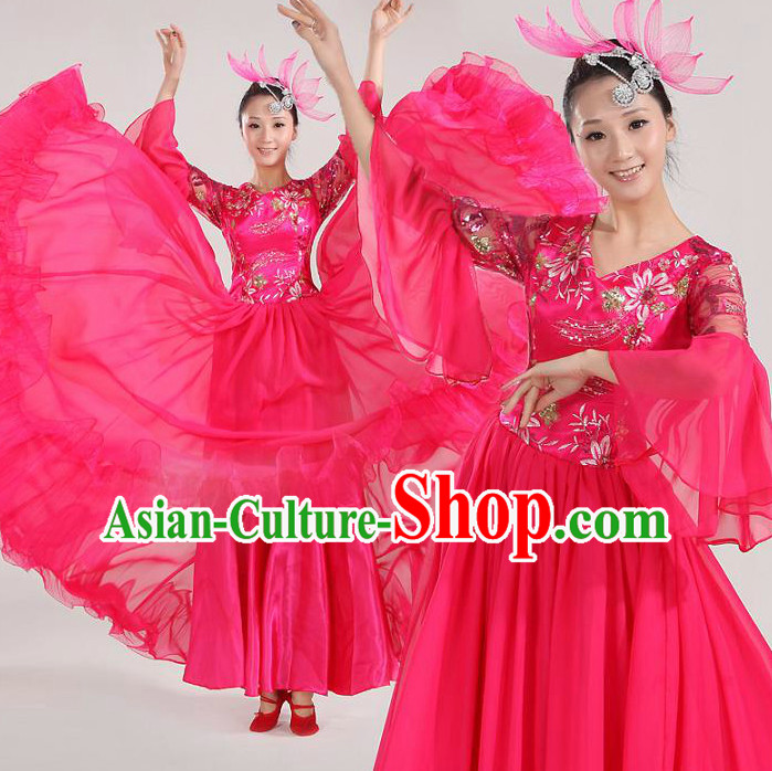 Asian Dance Costume Competition Costumes Dancewear China Dress Dance Wear and Headpieces Complete Set