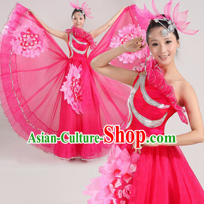 Asian Dance Costume Competition Costumes Dancewear China Dress Dance Wear and Headpieces Complete Set