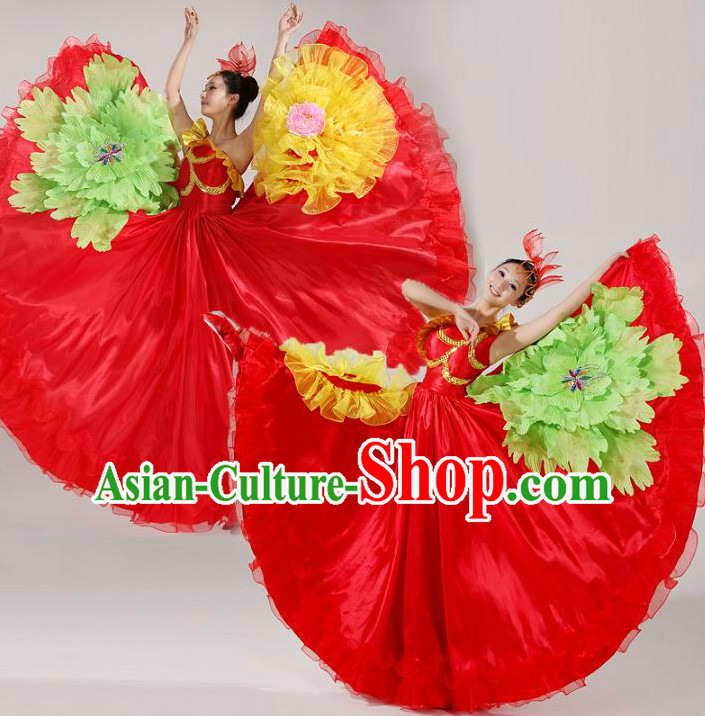 Asian Dance Costume Competition Costumes Dancewear China Dress Dance Wear and Headpieces Complete Set