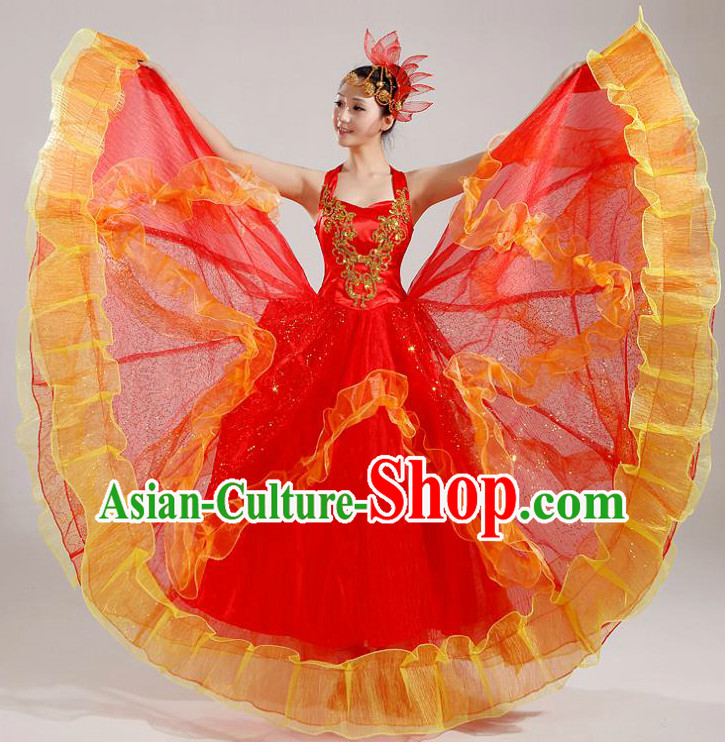 Asian Dance Costume Group Dance Costumes Dancewear China Dress Dance Wear and Headpieces Complete Set