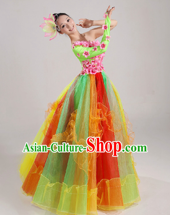 Asian Dance Costume Group Dance Costumes Dancewear China Dress Dance Wear and Headpieces Complete Set