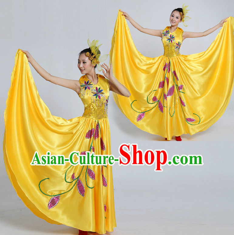 Asian Folk Dance Costume Group Dance Costumes Dancewear China Dress Dance Wear and Headpieces Complete Set