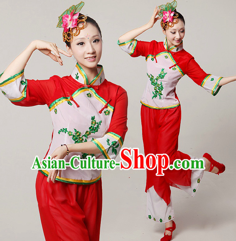 Chinese Stage Dance Costumes Ribbon Dancing Costume Dancewear China Dress Dance Wear and Hair Accessories Complete Set