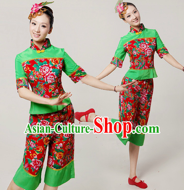 Chinese Stage Dance Costumes Ribbon Dancing Costume Dancewear China Dress Dance Wear and Hair Accessories Complete Set