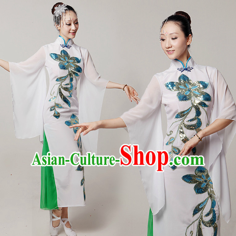 Chinese Stage Dance Costumes Ribbon Dancing Costume Dancewear China Dress Dance Wear and Hair Accessories Complete Set