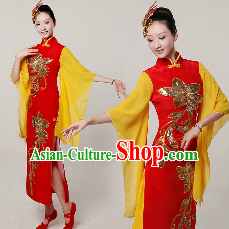 Chinese Stage Dance Costumes Ribbon Dancing Costume Dancewear China Dress Dance Wear and Hair Accessories Complete Set