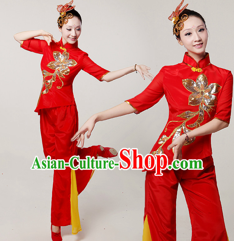 Chinese Folk  Dance Costumes Ribbon Dancing Costume Dancewear China Dress Dance Wear and Hair Accessories Complete Set