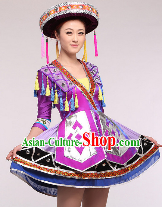 Chinese Folk Ethnic Competition Dance Costume Group Dancing Costumes and Hat Complete Set for Women