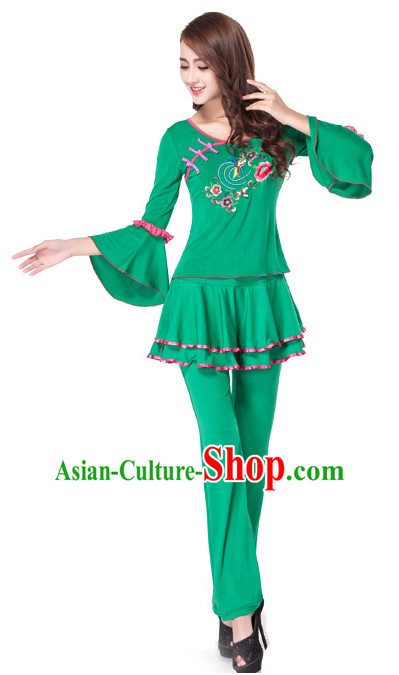 Green Chinese Style Fan Dance Costume Discount Dance Costume Ideas Dancewear Supply Dance Wear Dance Clothes Suit