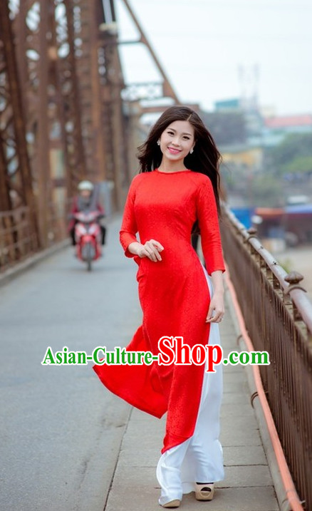 Red Viet Cheongsam and Pants Complete Set