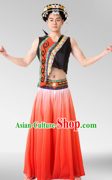 Chinese Stage Celebration Ethnic Dancewear and Hat Complete Set for Men