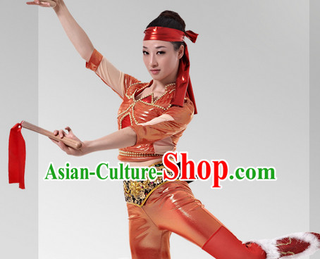 Chinese Stage Celebration Drum Dancewear and Head Band Complete Set for Women