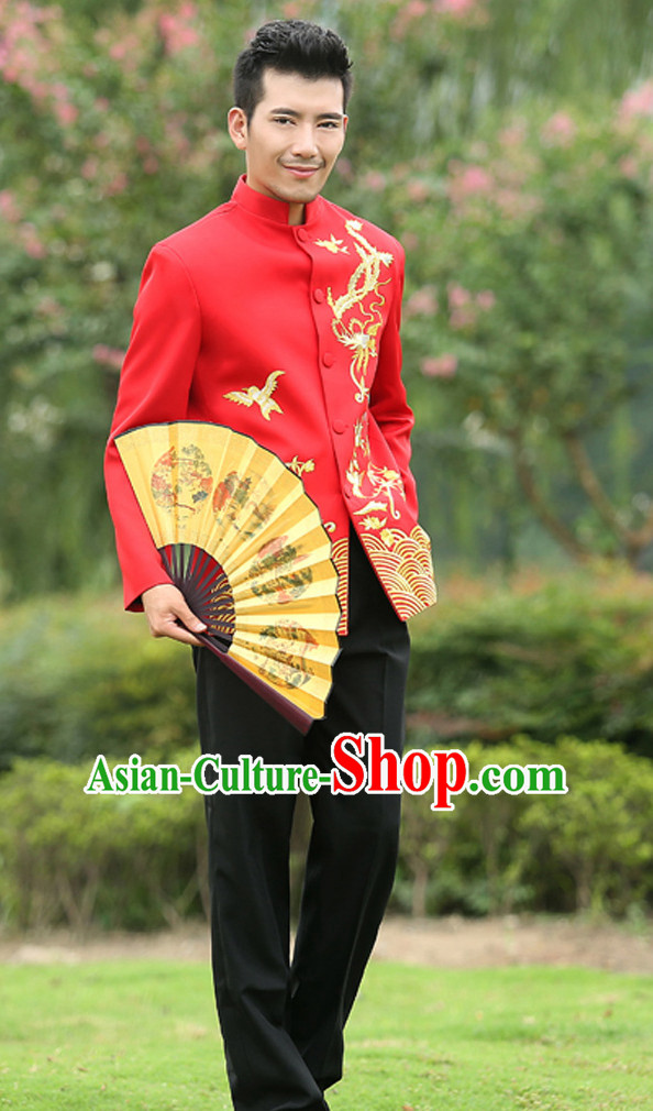 Top Chinese Red Mandarin Bridegroom Wedding Clothes Complete Set