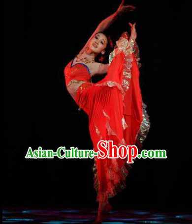 Chinese Stage Performance Red Dai Dancing Costume and Head Wear for Women