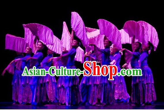 Chinese Blue Fan Dancing Group Costume for Girls