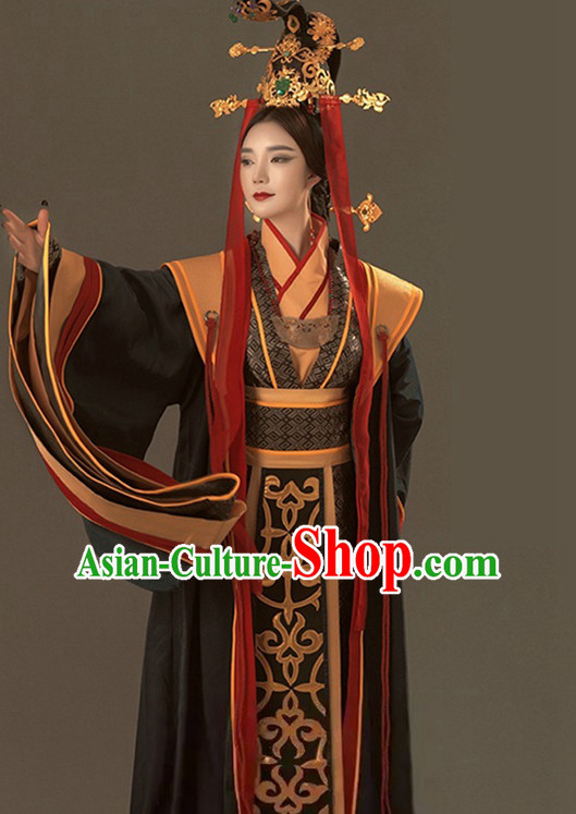 Ancient Chinese Qin Dynasty Mi Yue Queen Empress Clothing Garment and Crown Complete Set for Women