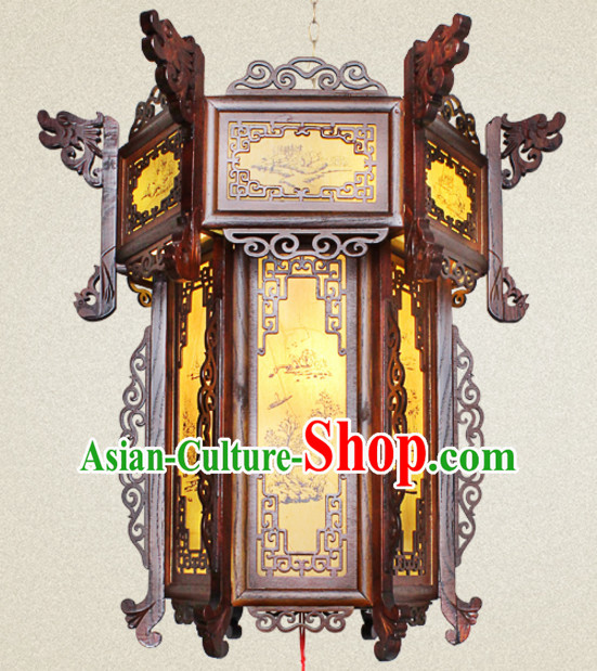 Chinese Antique Style Ancient Handmade and Carved Natural Wood Hanging Palace Lantern