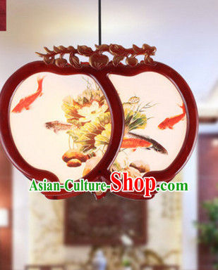 Chinese Ancient Handmade and Carved Natural Wood Gold Fish Hanging Lantern