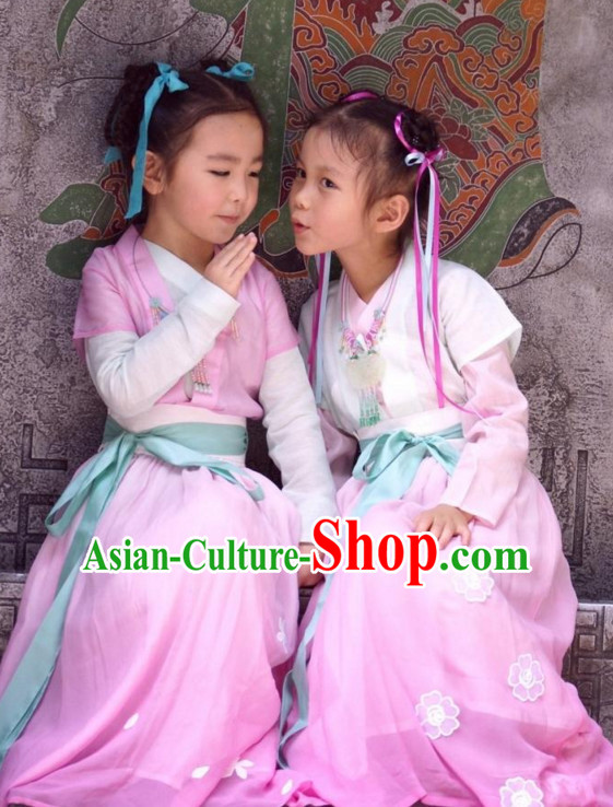 Ancient Chinese Kids Hanfu Costume and Hair Accessories Complete Set