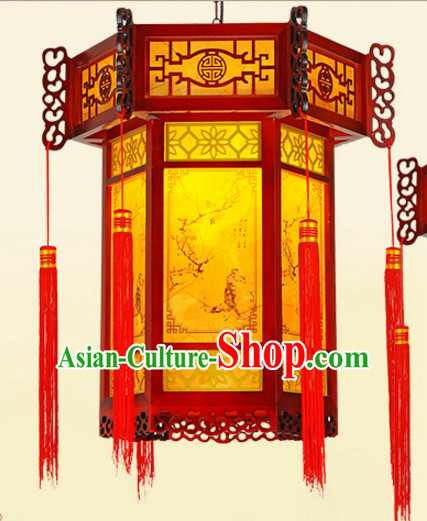 Chinese Classical Handmade and Carved Natural Wood Hanging Palace Lantern