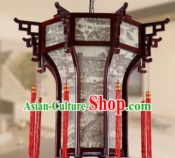 Traditional Chinese Classical Natural Wood and Carved Hanging Palace Lantern