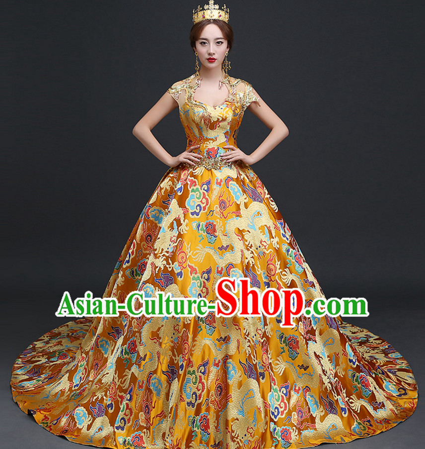 Top Chinese Gold Wedding Dress and Headwear Complete Set