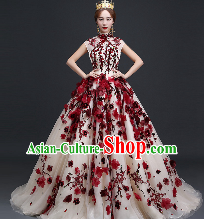 Top Chinese Floral Wedding Dress and Headwear Complete Set