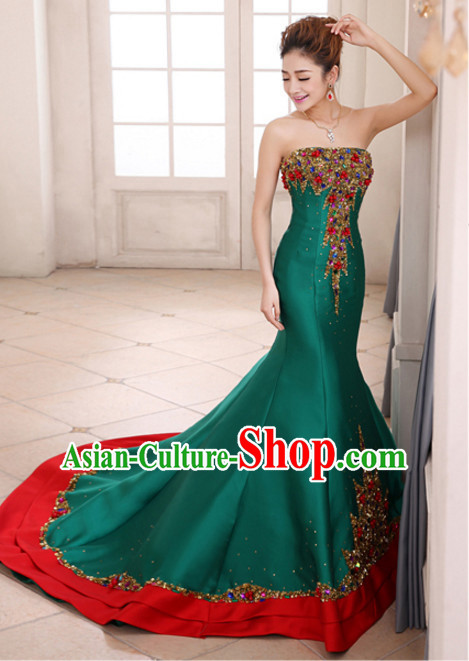 Top Chinese Green Long Tail Wedding Dress Evening Dress and Hair Jewelry Complete Set