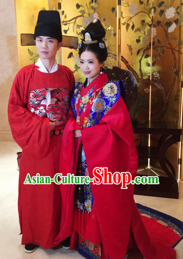 Top Chinese Ming Dynasty Wedding Dresses Clothing and Hats 2 Complete Set for Brides and Bridesgroom