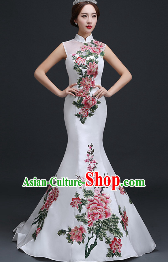 Top Chinese White Long Tail Wedding Dress Evening Dress and Hair Jewelry Complete Set