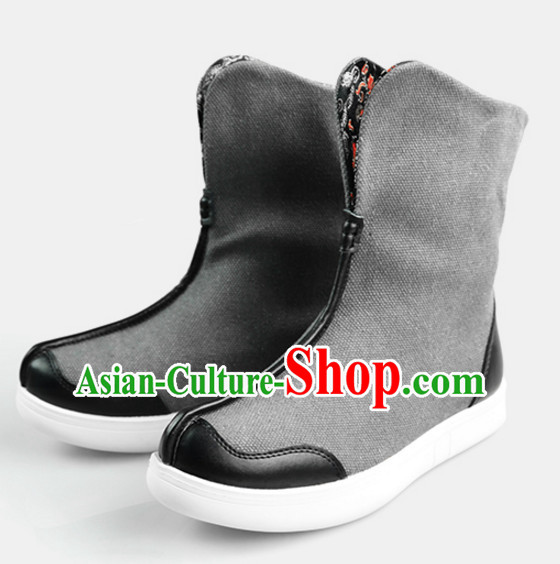 Traditional Chinese Style Classic Handmade Grey Boots for Men
