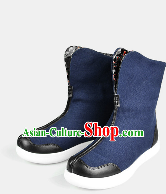 Traditional Chinese Style Classic Handmade Blue Boots for Men
