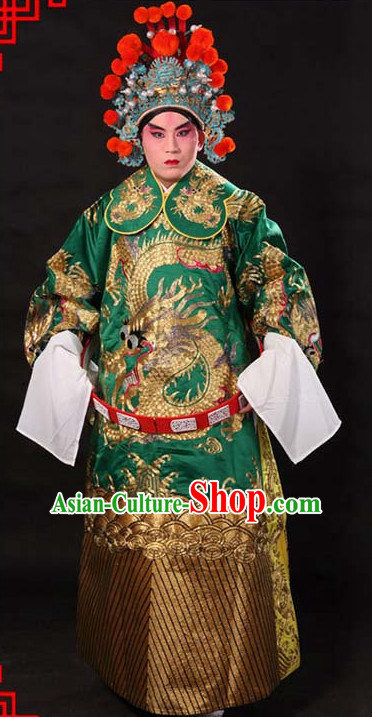 Green Ancient Chinese Embroidered Dragon Opera Clothing and Helmet Complete Set for Men